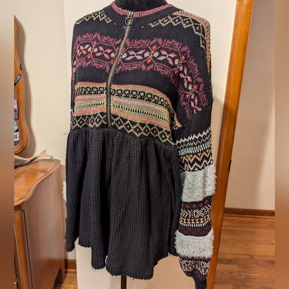 Free People knit sparkle puff sleeve boho sweater dress tunic